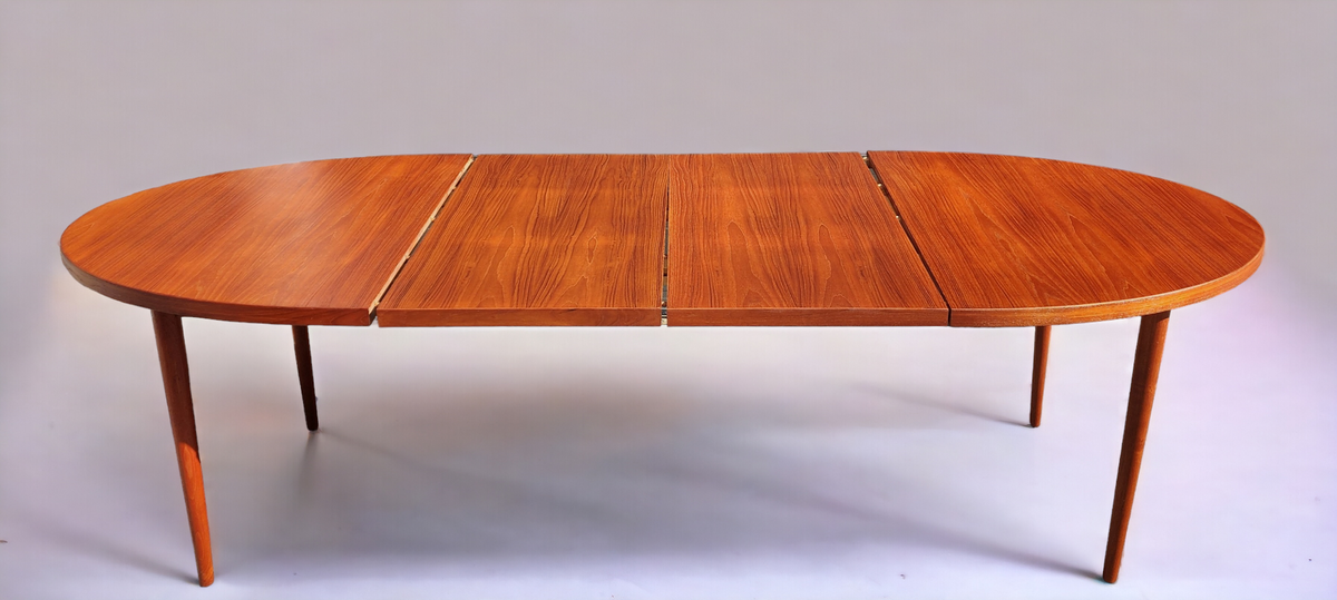 REFINISHED Danish Mid Century Modern Teak Table Oval w 2 Leaves 60