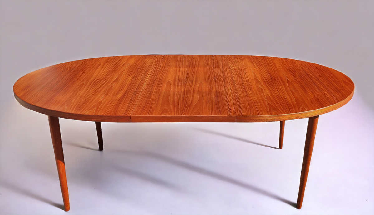 REFINISHED Danish Mid Century Modern Teak Table Oval w 2 Leaves 60
