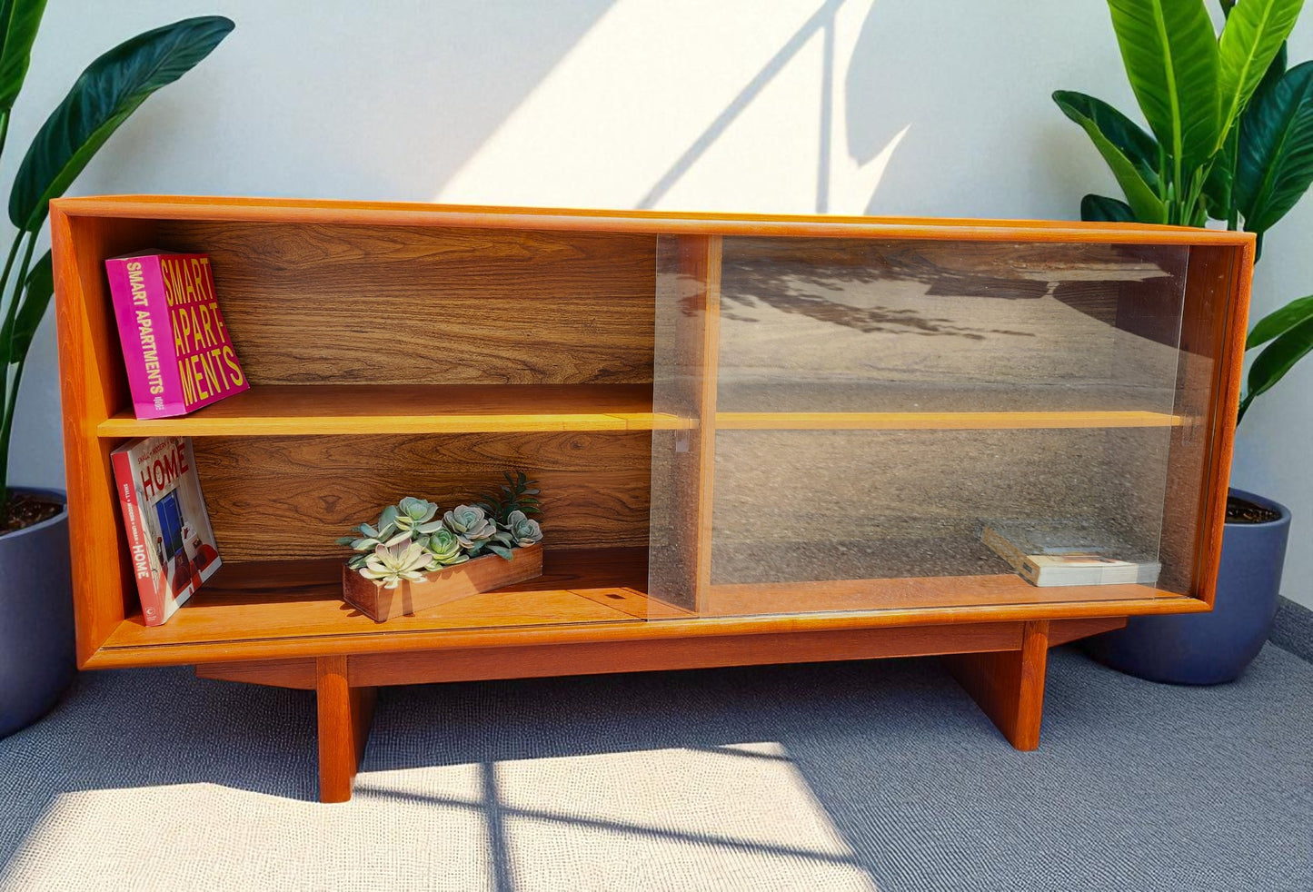 REFINISHED Mid Century Modern Teak Display Bookcase TV Media Console 5 ft