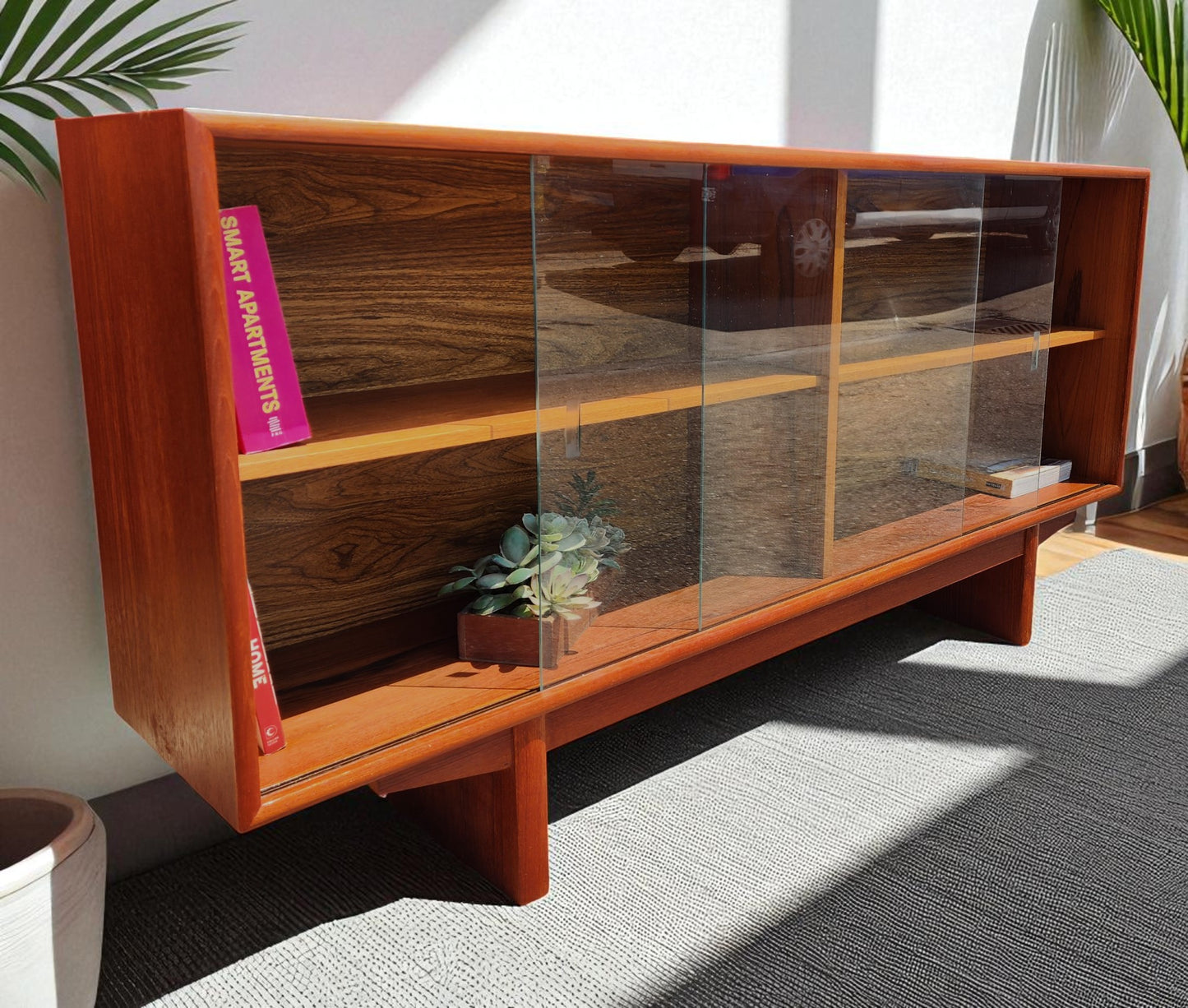 REFINISHED Mid Century Modern Teak Display Bookcase TV Media Console 5 ft