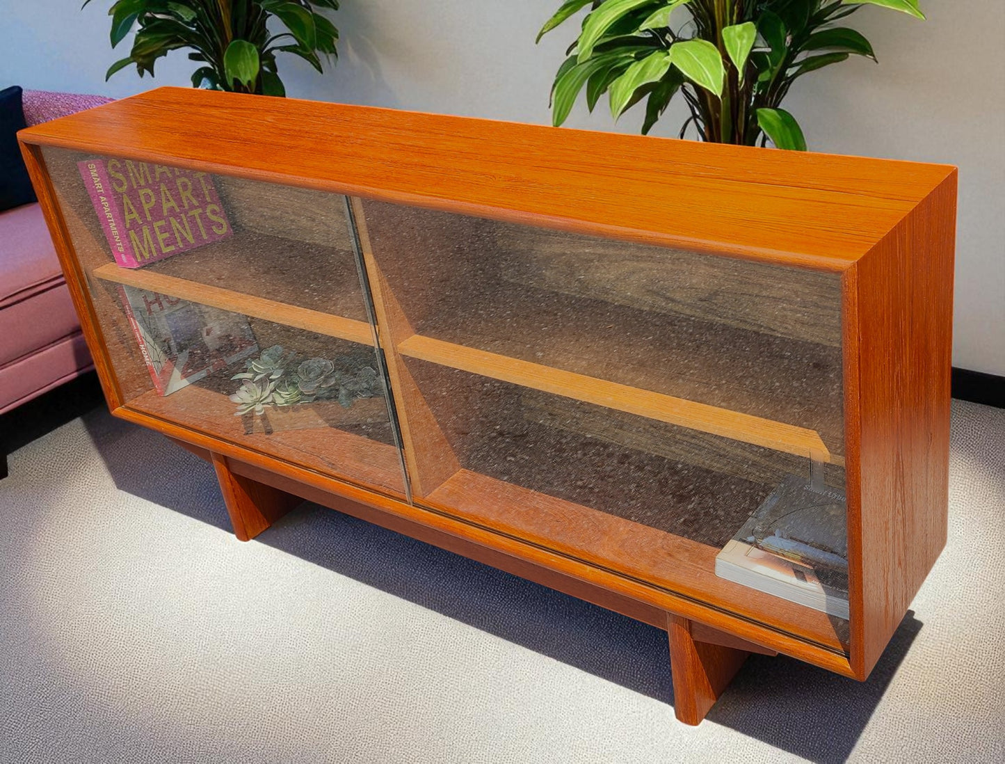 REFINISHED Mid Century Modern Teak Display Bookcase TV Media Console 5 ft