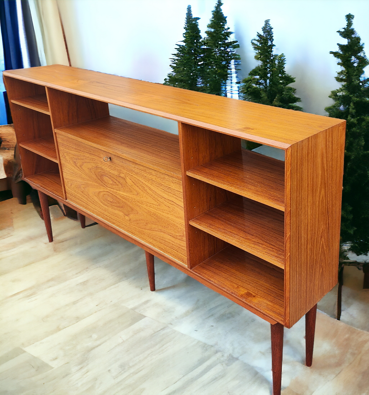 REFINISHED Danish MCM Teak China Cabinet/ Display with Bar 6 ft narrow