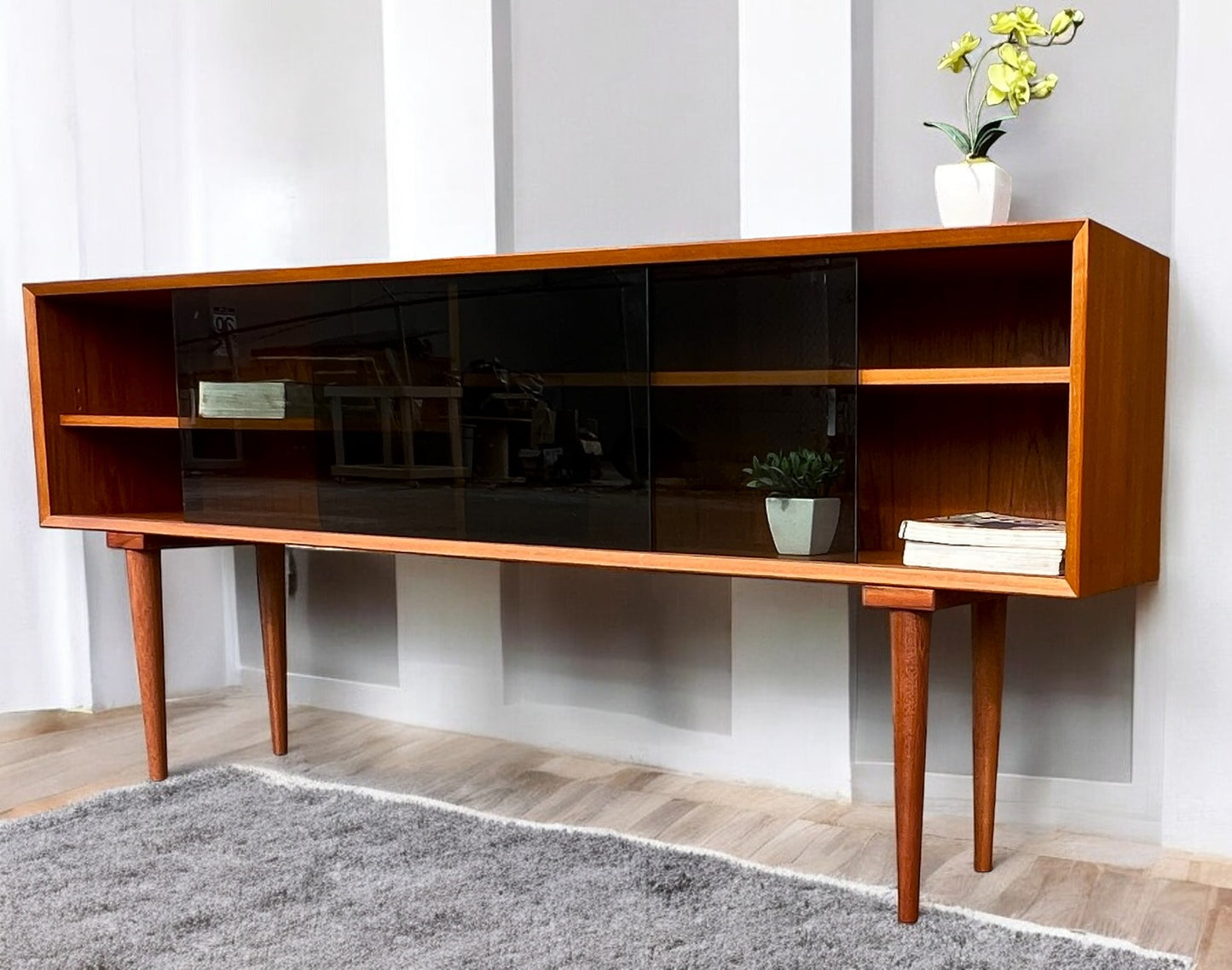 RESTORED Danish Mid Century Modern Teak Display w Finished Back 72.75"