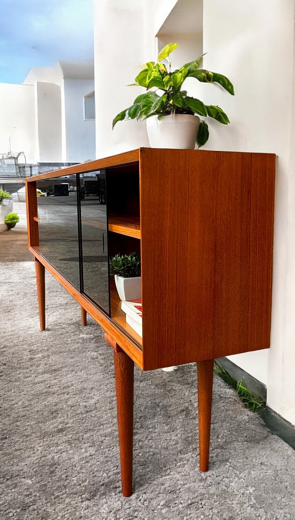 RESTORED Danish Mid Century Modern Teak Display w Finished Back 72.75"