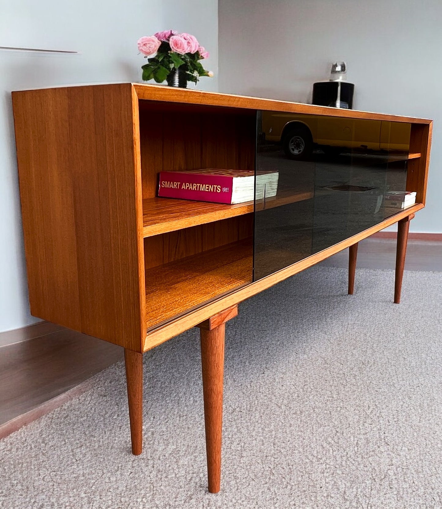 RESTORED Danish Mid Century Modern Teak Display w Finished Back 72.75"