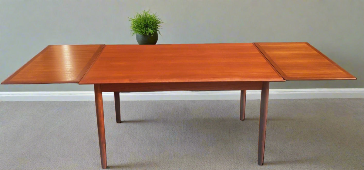 REFINISHED Danish Mid Century Modern Teak Table Draw Leaf, 53