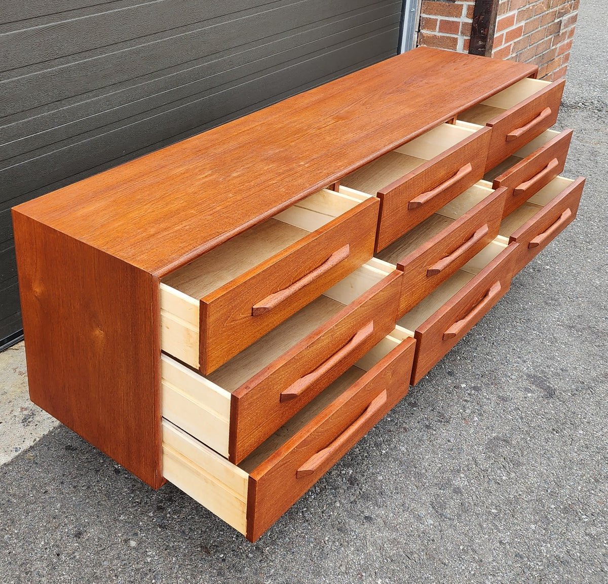 REFINISHED Mid-Century Modern Teak Dresser 9 drawers w Granite Top