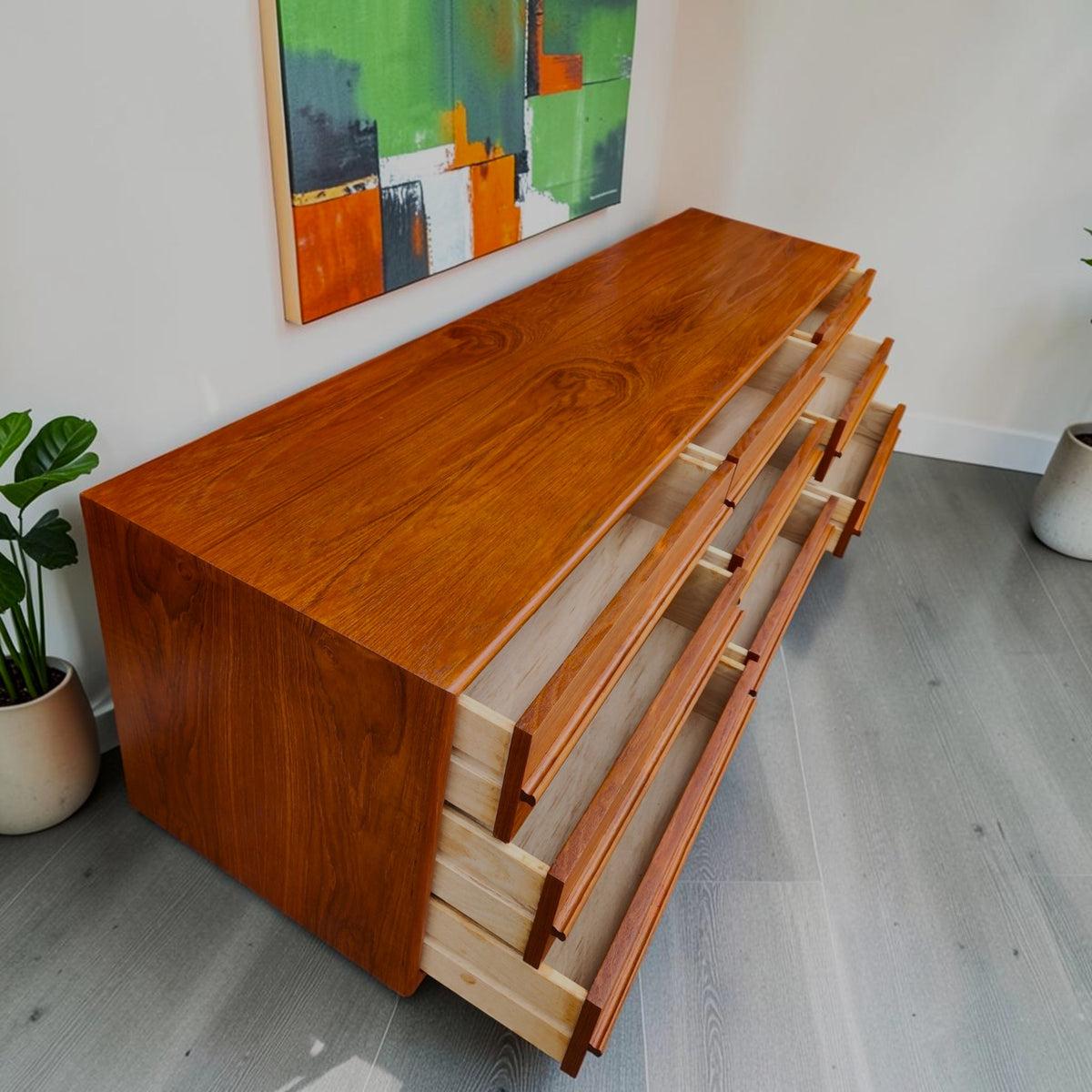 REFINISHED Mid Century Modern Teak Dresser w 9 Drawers