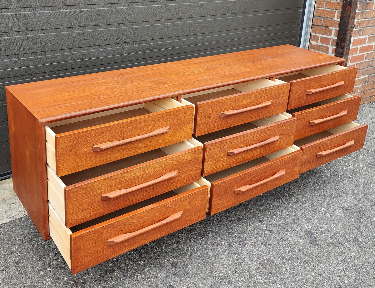 REFINISHED Mid-Century Modern Teak Dresser 9 drawers w Granite Top