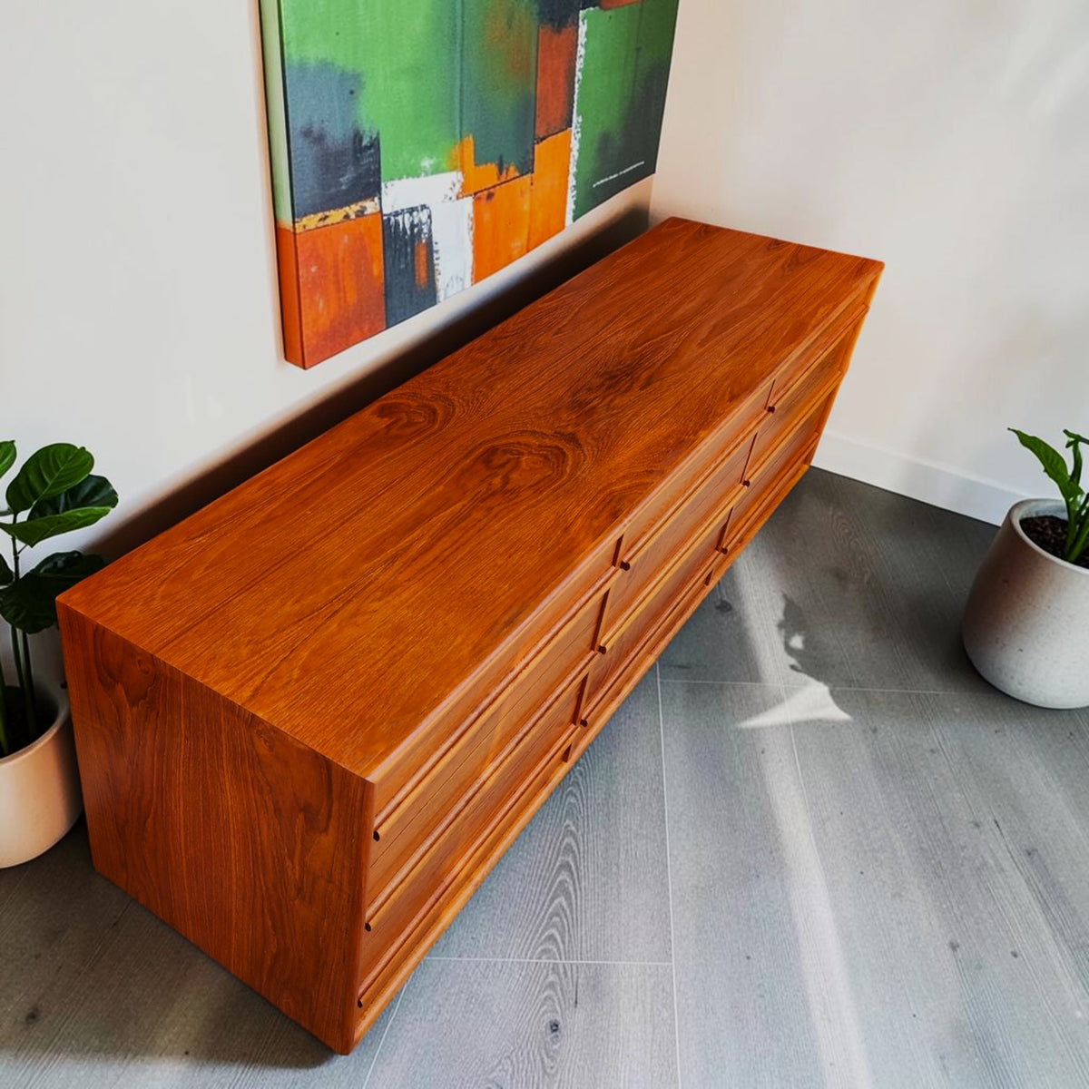 REFINISHED Mid Century Modern Teak Dresser w 9 Drawers