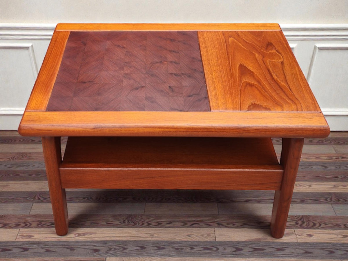 REFINISHED Danish Mid Century Modern Teak End Table w Inlay & Shelf