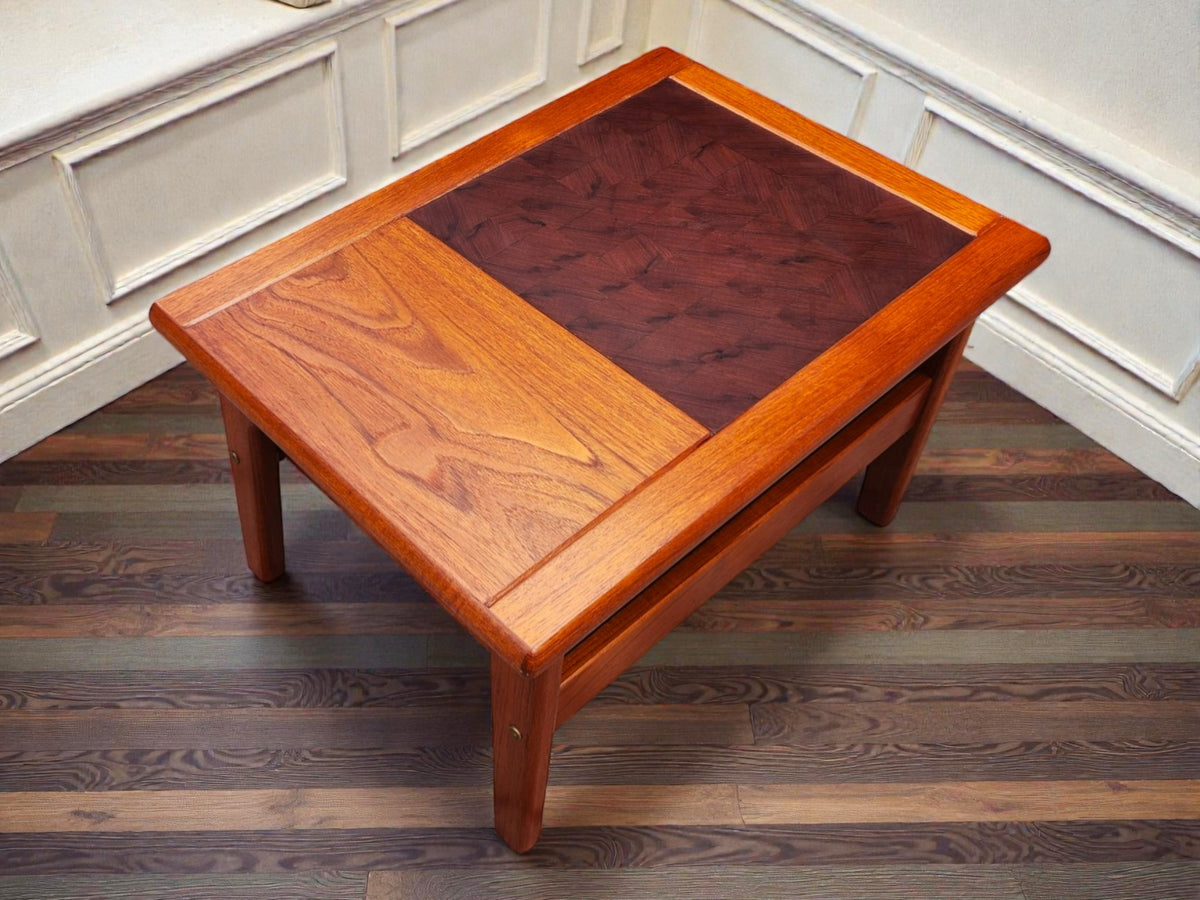 REFINISHED Danish Mid Century Modern Teak End Table w Inlay & Shelf
