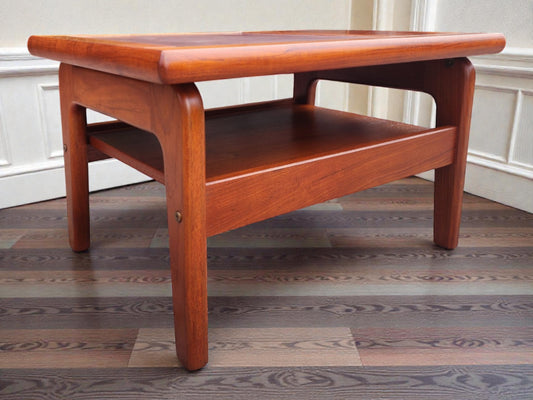 REFINISHED Danish Mid Century Modern Teak End Table w Inlay & Shelf