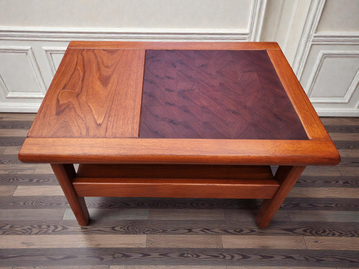 REFINISHED Danish Mid Century Modern Teak End Table w Inlay & Shelf