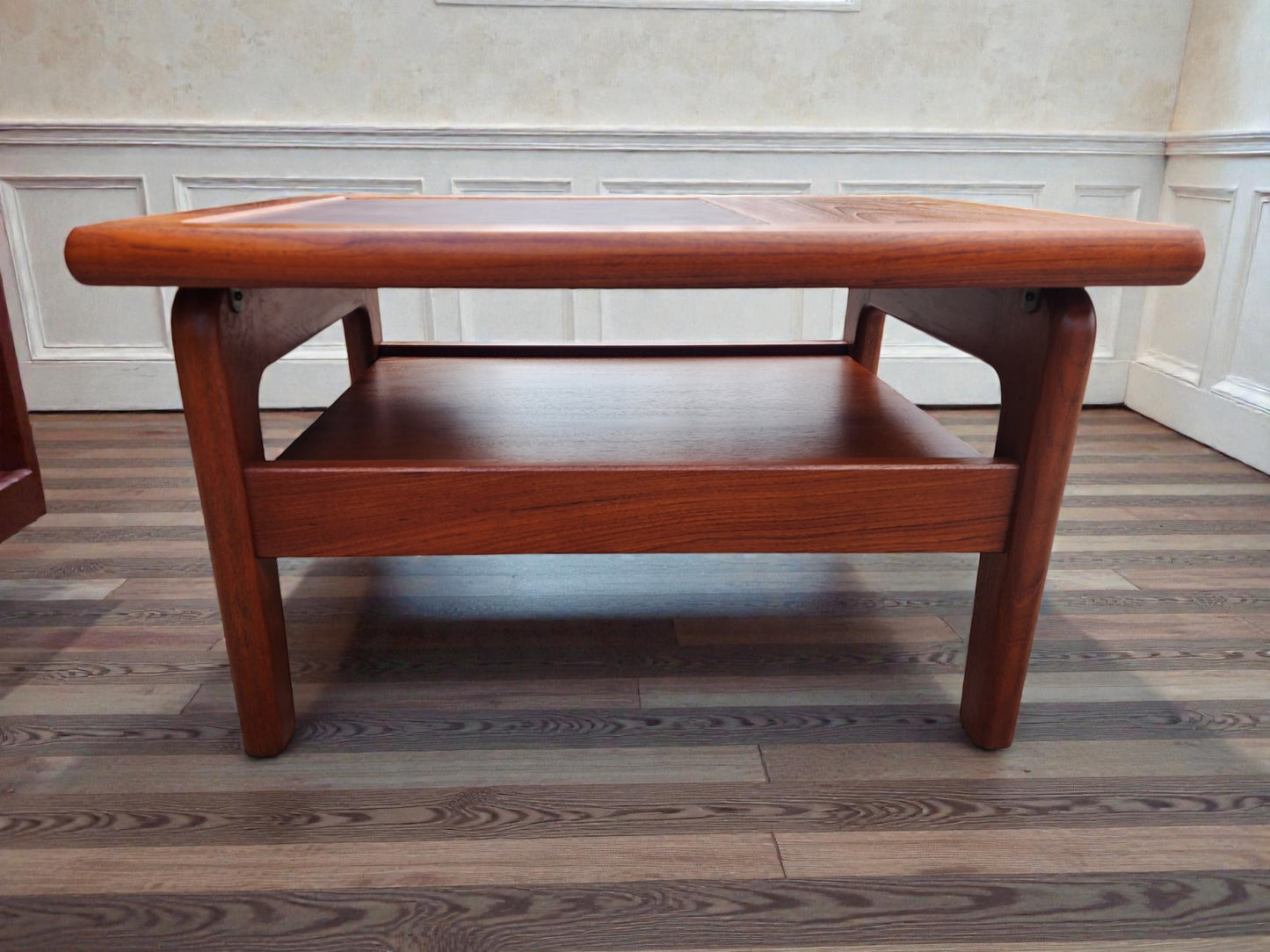 REFINISHED Danish Mid Century Modern Teak End Table w Inlay & Shelf
