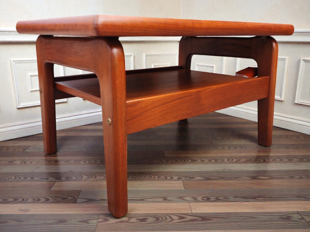 REFINISHED Danish Mid Century Modern Teak End Table w Inlay & Shelf