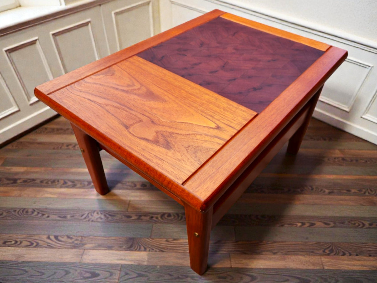REFINISHED Danish Mid Century Modern Teak End Table w Inlay & Shelf