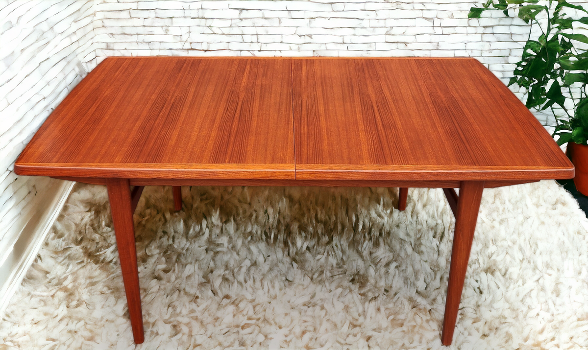 REFINISHED Mid Century Modern Teak Table w 2 Leaves Self-Storing 65.5