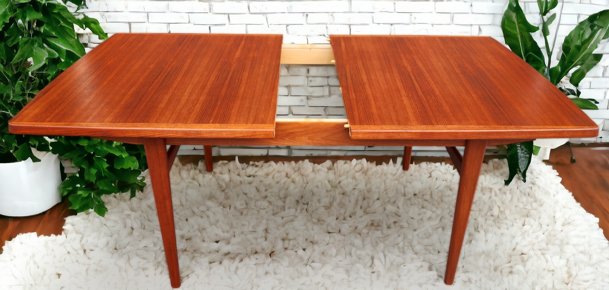 REFINISHED Mid Century Modern Teak Table w 2 Leaves Self-Storing 65.5
