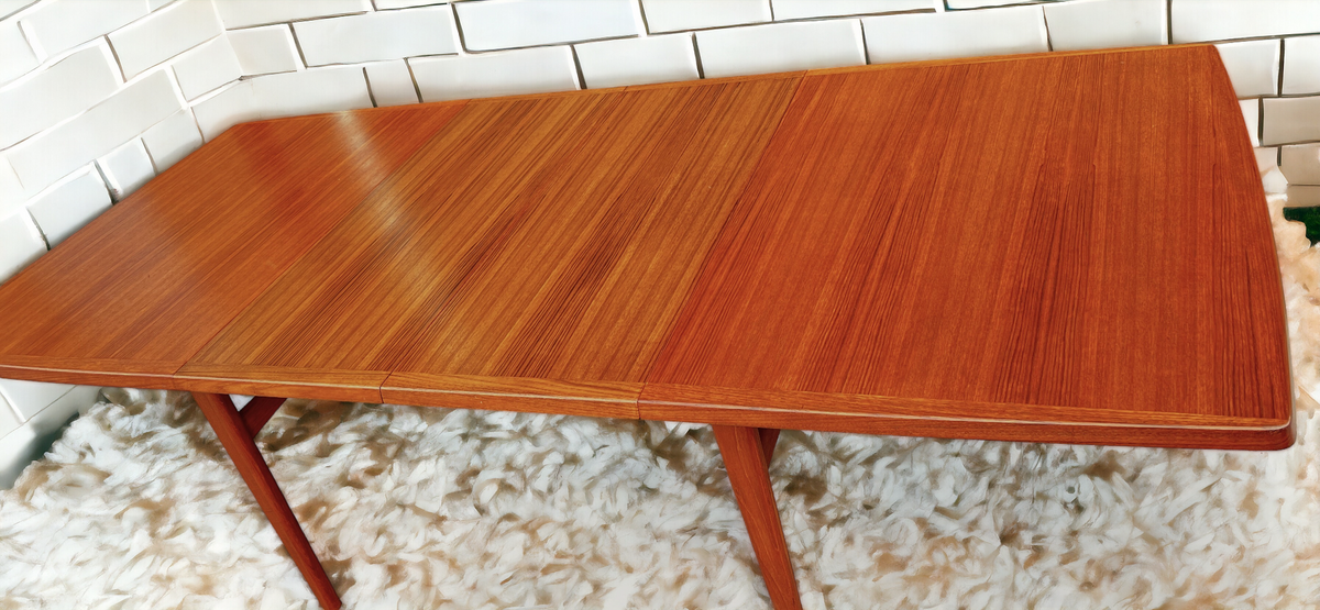 REFINISHED Mid Century Modern Teak Table w 2 Leaves Self-Storing 65.5