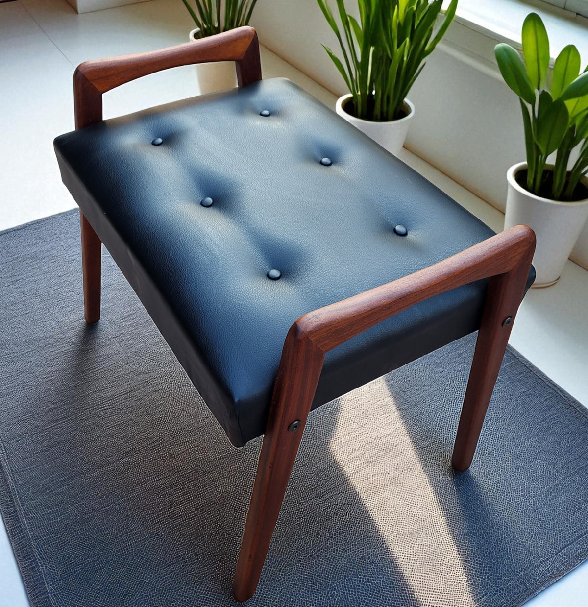 REFINISHED REUPHOLSTERED Mid Century Modern Teak Foot Stool, Sweden