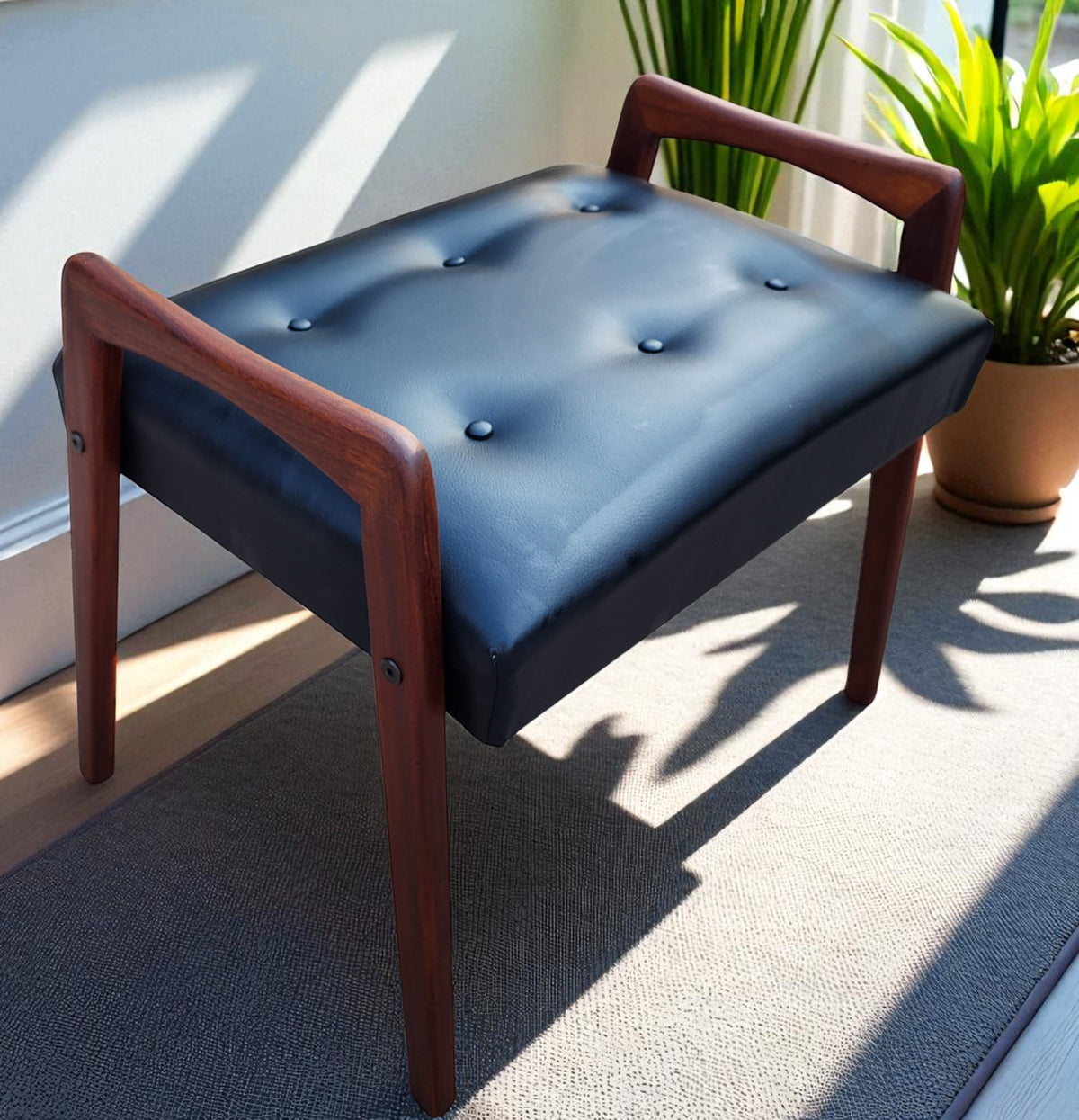 REFINISHED REUPHOLSTERED Mid Century Modern Teak Foot Stool, Sweden