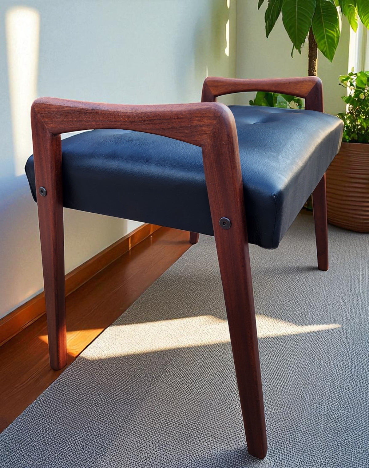 REFINISHED REUPHOLSTERED Mid Century Modern Teak Foot Stool, Sweden