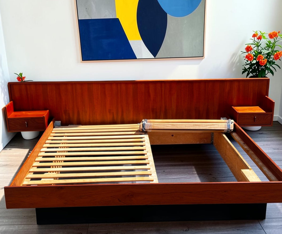 REFINISHED Mid Century Modern Teak Bed King w Floating Nightstands
