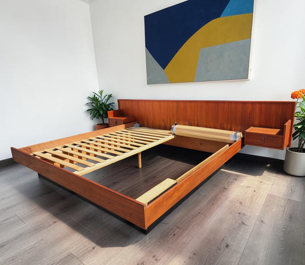 REFINISHED Mid Century Modern Teak Bed King w Floating Nightstands