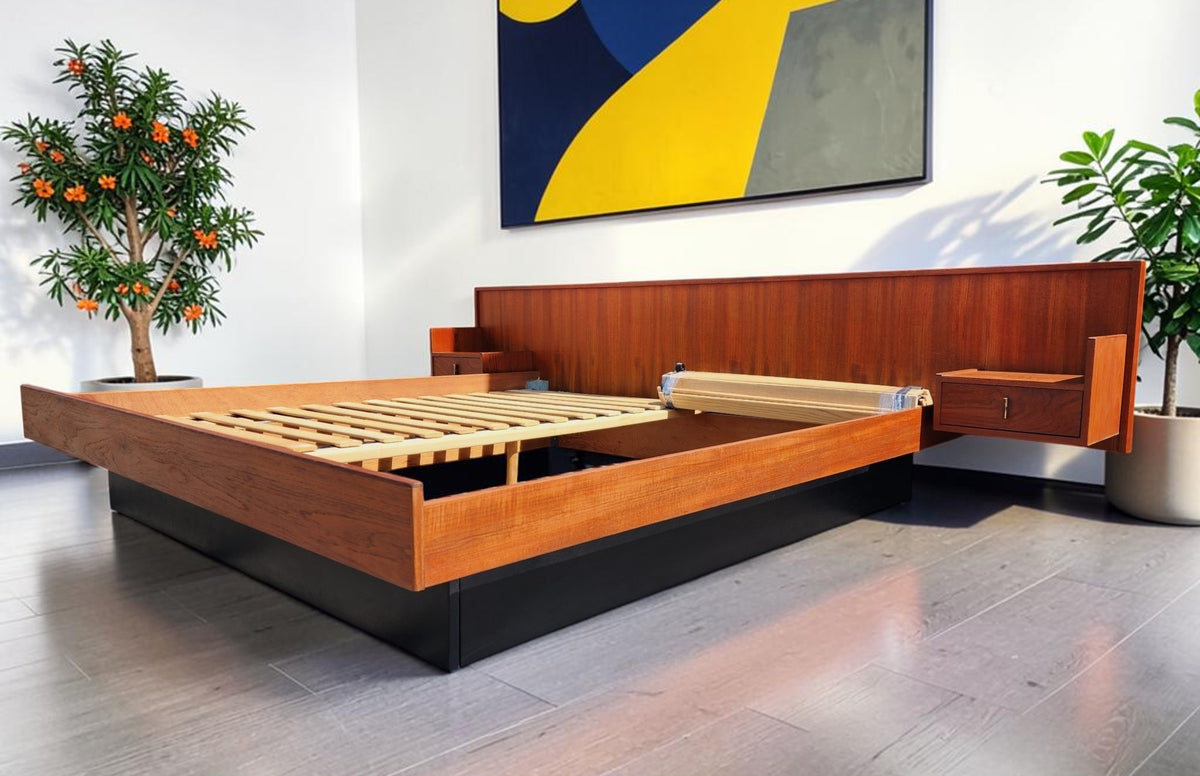 REFINISHED Mid Century Modern Teak Bed King w Floating Nightstands