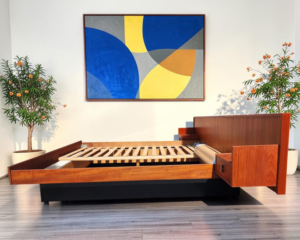 REFINISHED Mid Century Modern Teak Bed King w Floating Nightstands