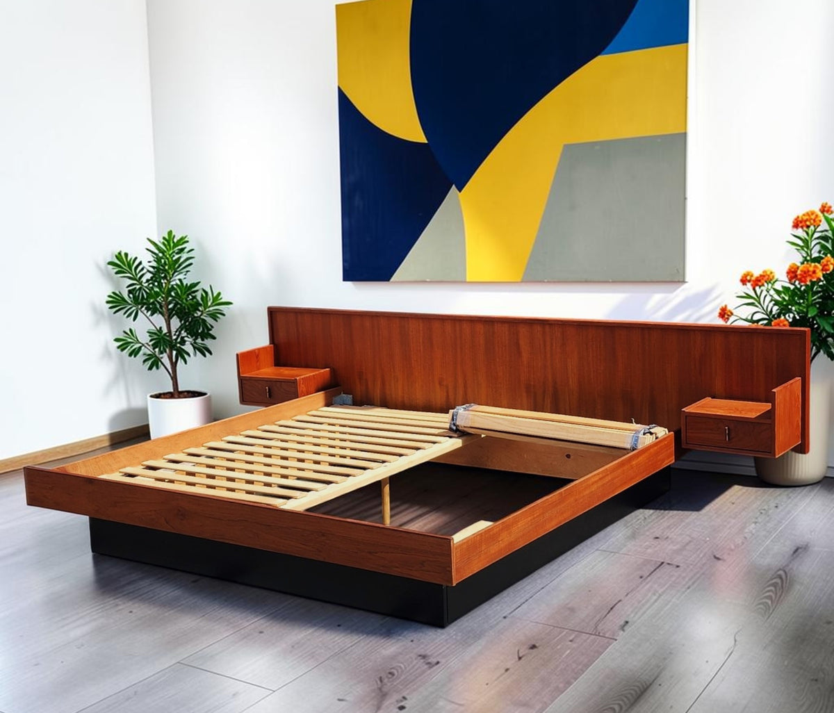 REFINISHED Mid Century Modern Teak Bed King w Floating Nightstands