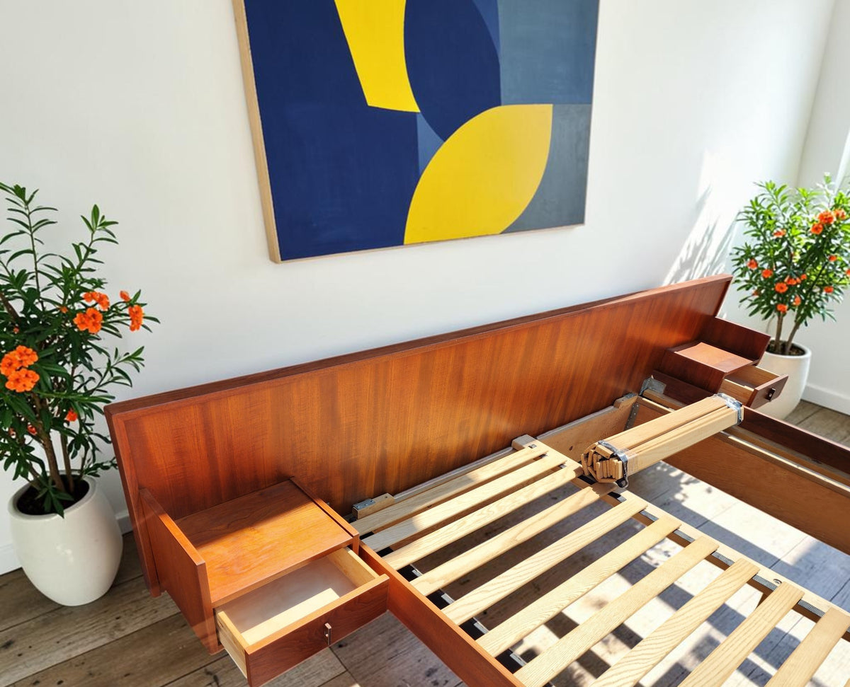 REFINISHED Mid Century Modern Teak Bed King w Floating Nightstands
