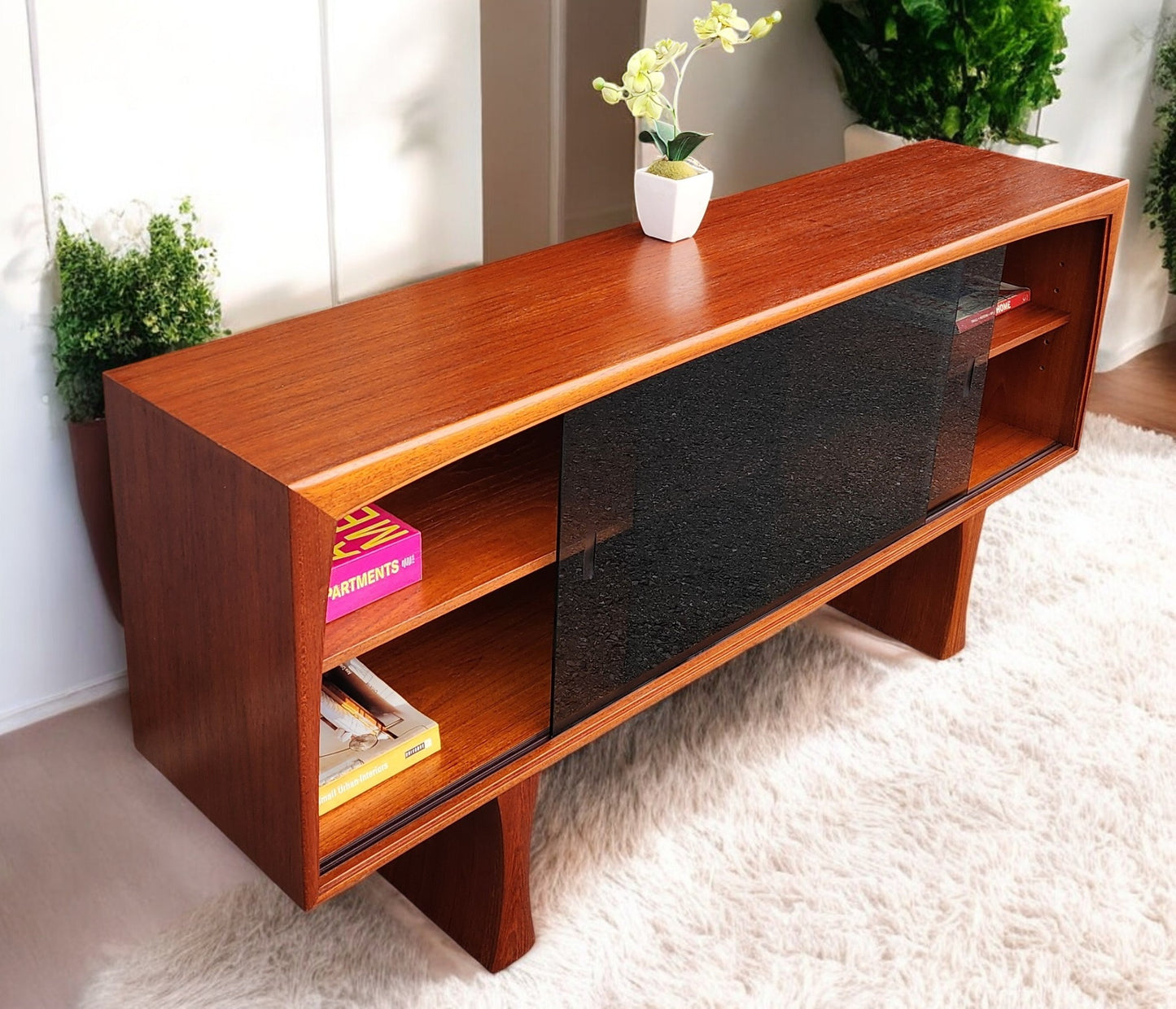 REFINISHED Mid Century Modern Teak Bookcase TV Media Console 5 ft