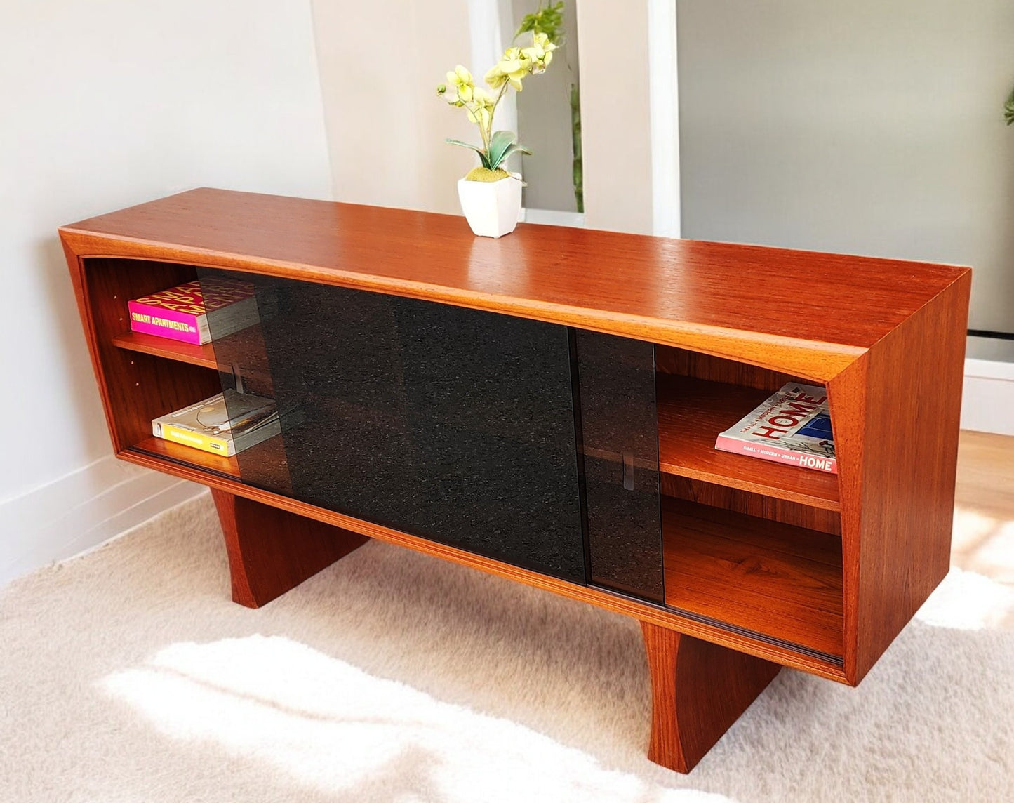 REFINISHED Mid Century Modern Teak Bookcase TV Media Console 5 ft