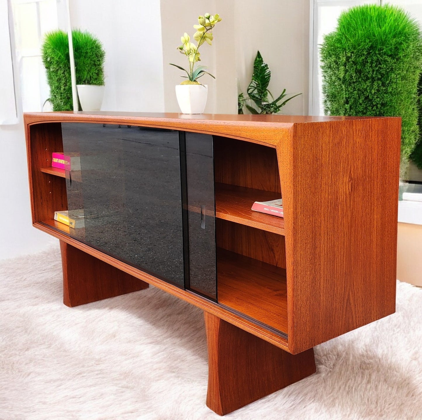 REFINISHED Mid Century Modern Teak Bookcase TV Media Console 5 ft