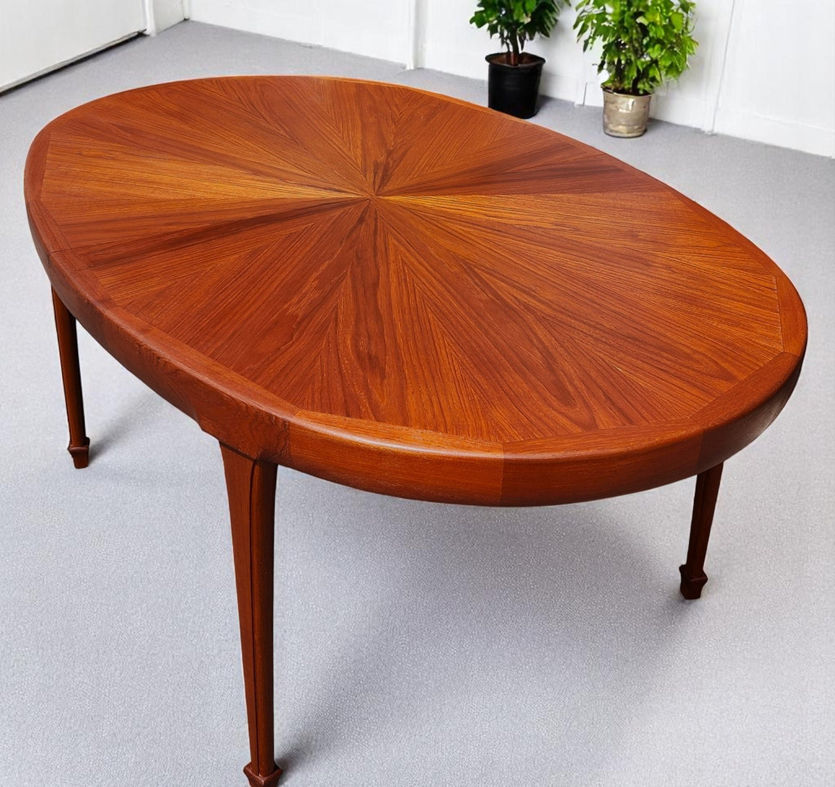 REFINISHED Mid Century Modern Sunburst Teak Table Oval w 1 Leaf 66