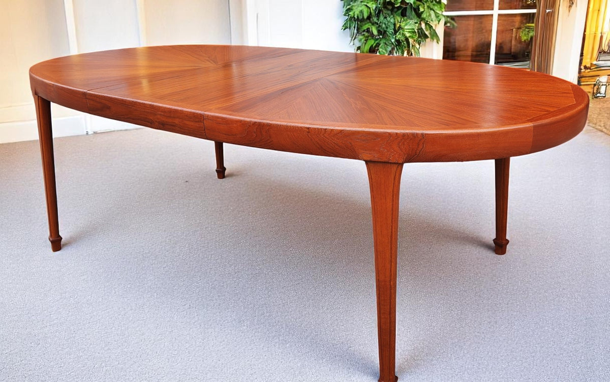 REFINISHED Mid Century Modern Sunburst Teak Table Oval w 1 Leaf 66