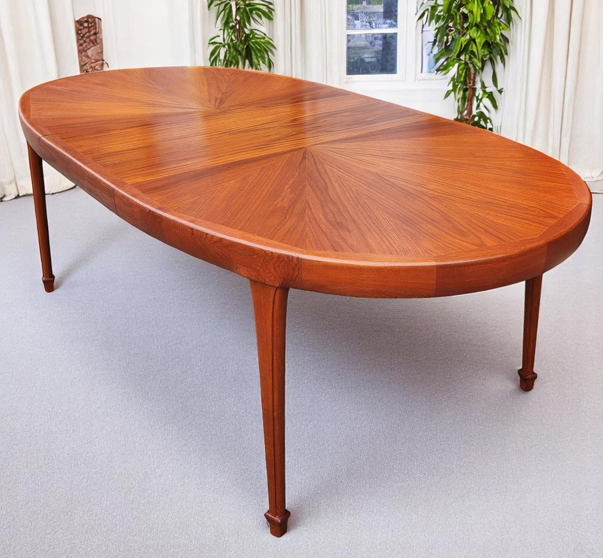 REFINISHED Mid Century Modern Sunburst Teak Table Oval w 1 Leaf 66