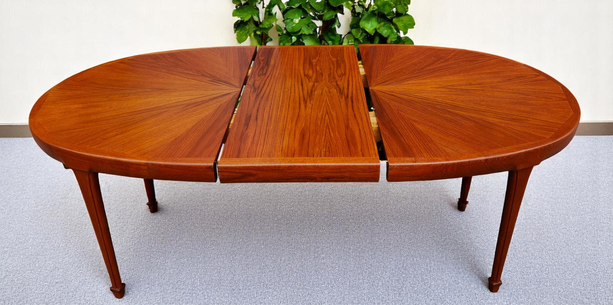REFINISHED Mid Century Modern Sunburst Teak Table Oval w 1 Leaf 66