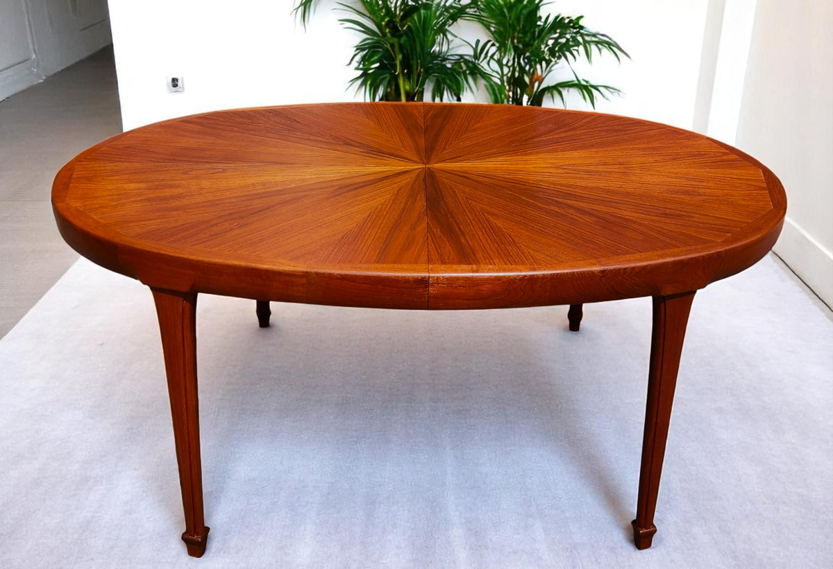REFINISHED Mid Century Modern Sunburst Teak Table Oval w 1 Leaf 66