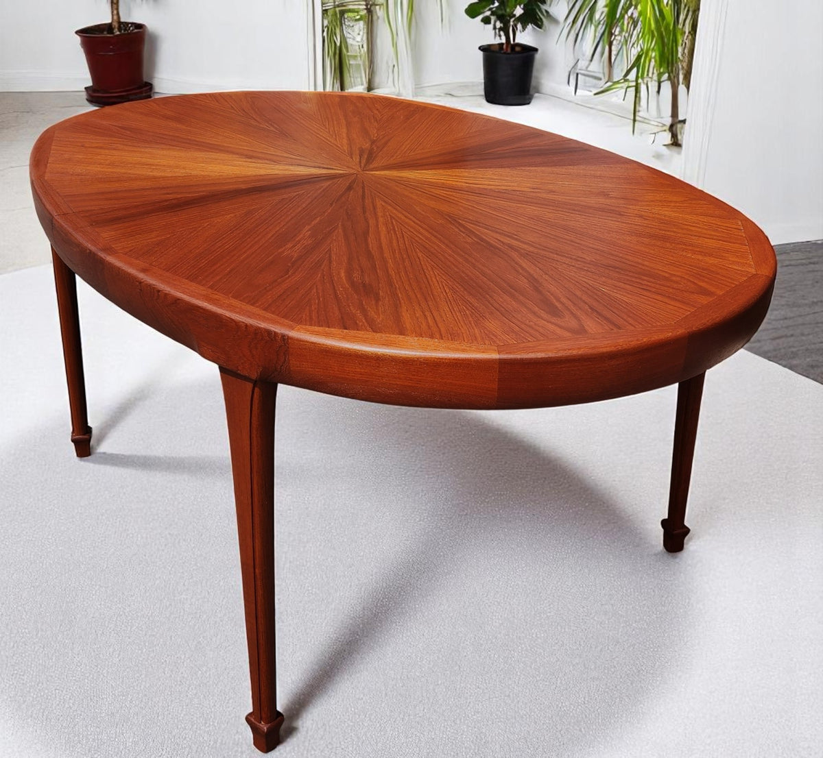 REFINISHED Mid Century Modern Sunburst Teak Table Oval w 1 Leaf 66