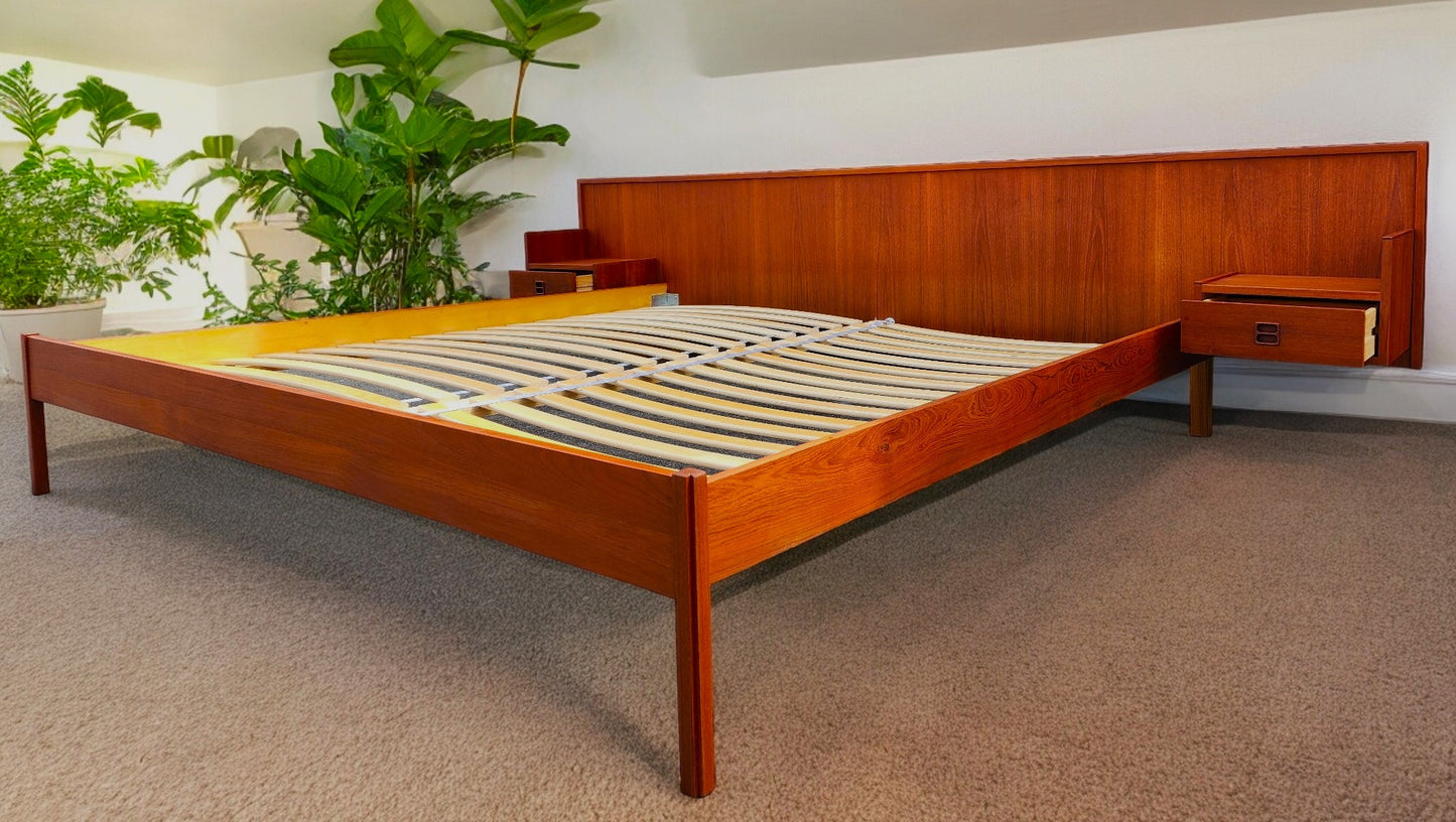 REFINISHED Mid Century Modern Teak Bed King w Floating Nightstands