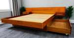 REFINISHED MCM Teak Queen Bed w Floating Nightstands & Storage Drawer 1