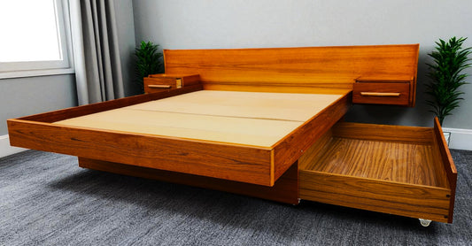 REFINISHED MCM Teak Queen Bed w Floating Nightstands & Storage Drawer