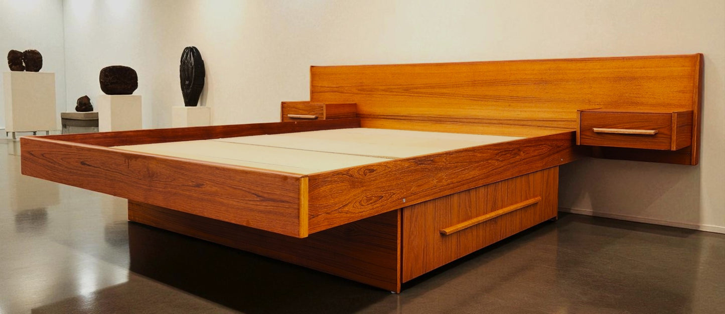 REFINISHED MCM Teak Queen Bed w Floating Nightstands & Storage Drawer