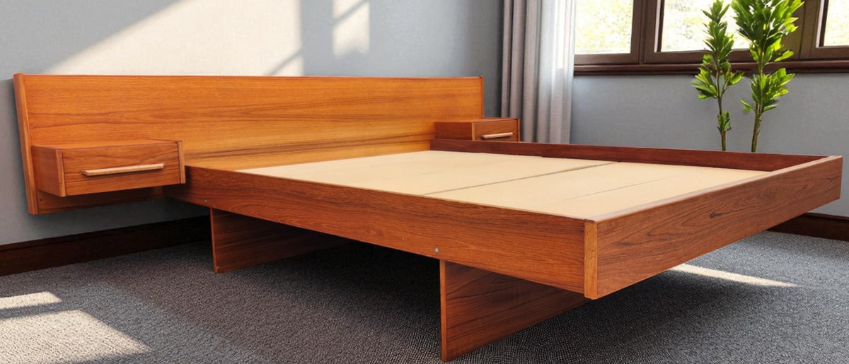 REFINISHED MCM Teak Queen Bed w Floating Nightstands & Storage Drawer