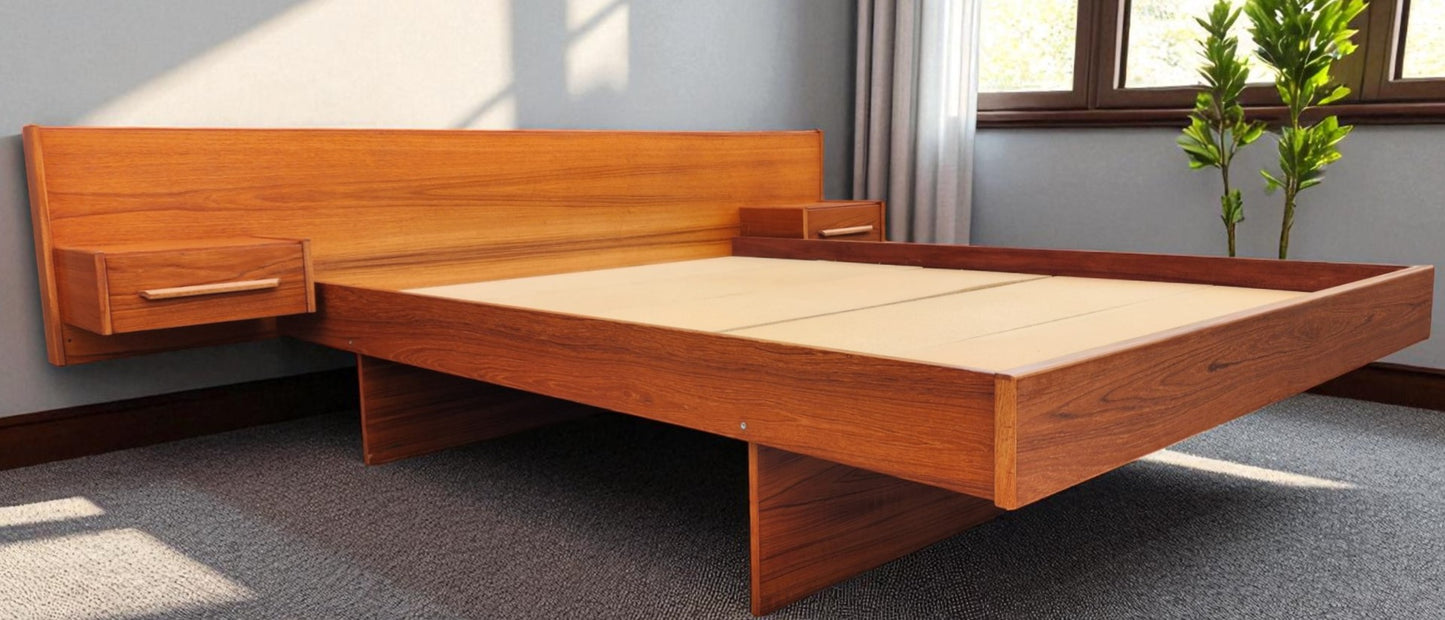 REFINISHED MCM Teak Queen Bed w Floating Nightstands & Storage Drawer