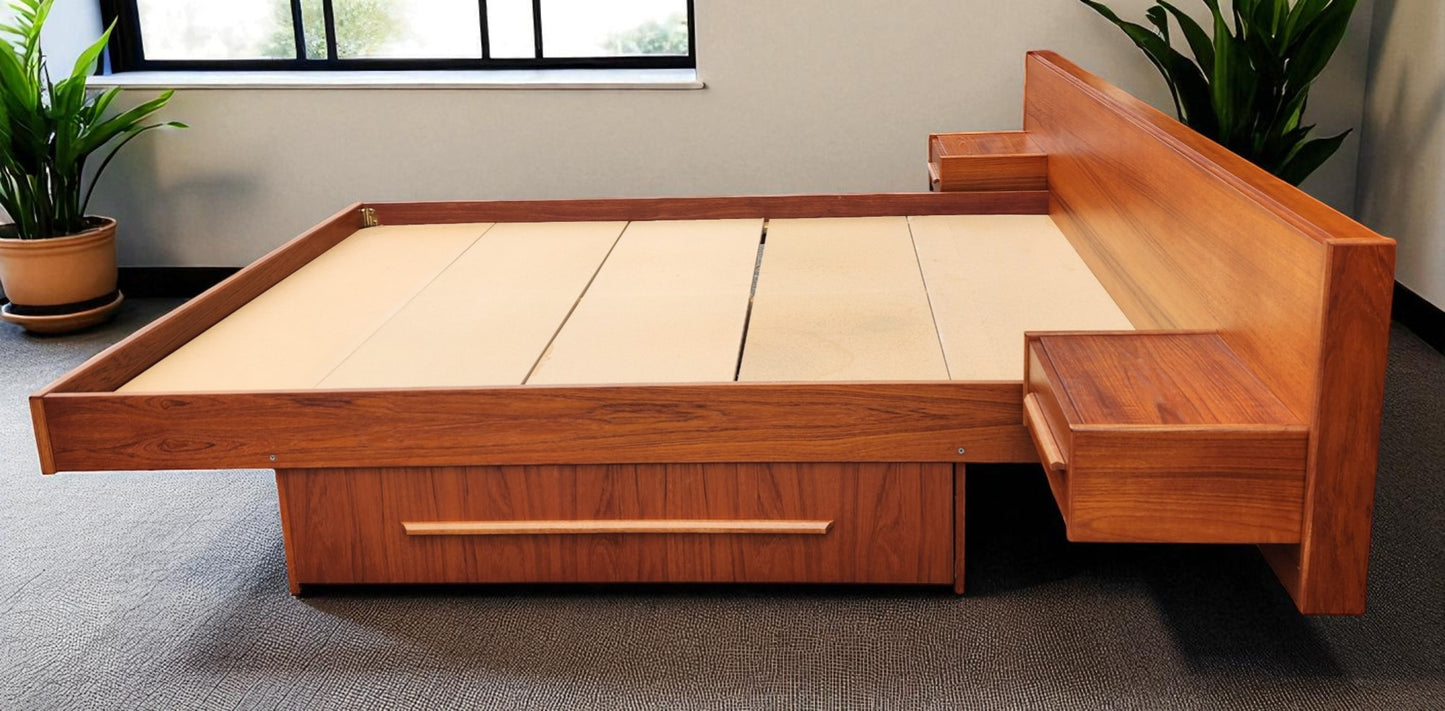 REFINISHED MCM Teak Queen Bed w Floating Nightstands & Storage Drawer
