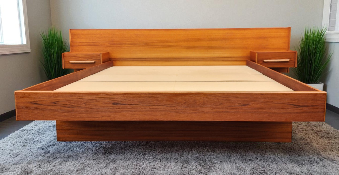 REFINISHED MCM Teak Queen Bed w Floating Nightstands & Storage Drawer